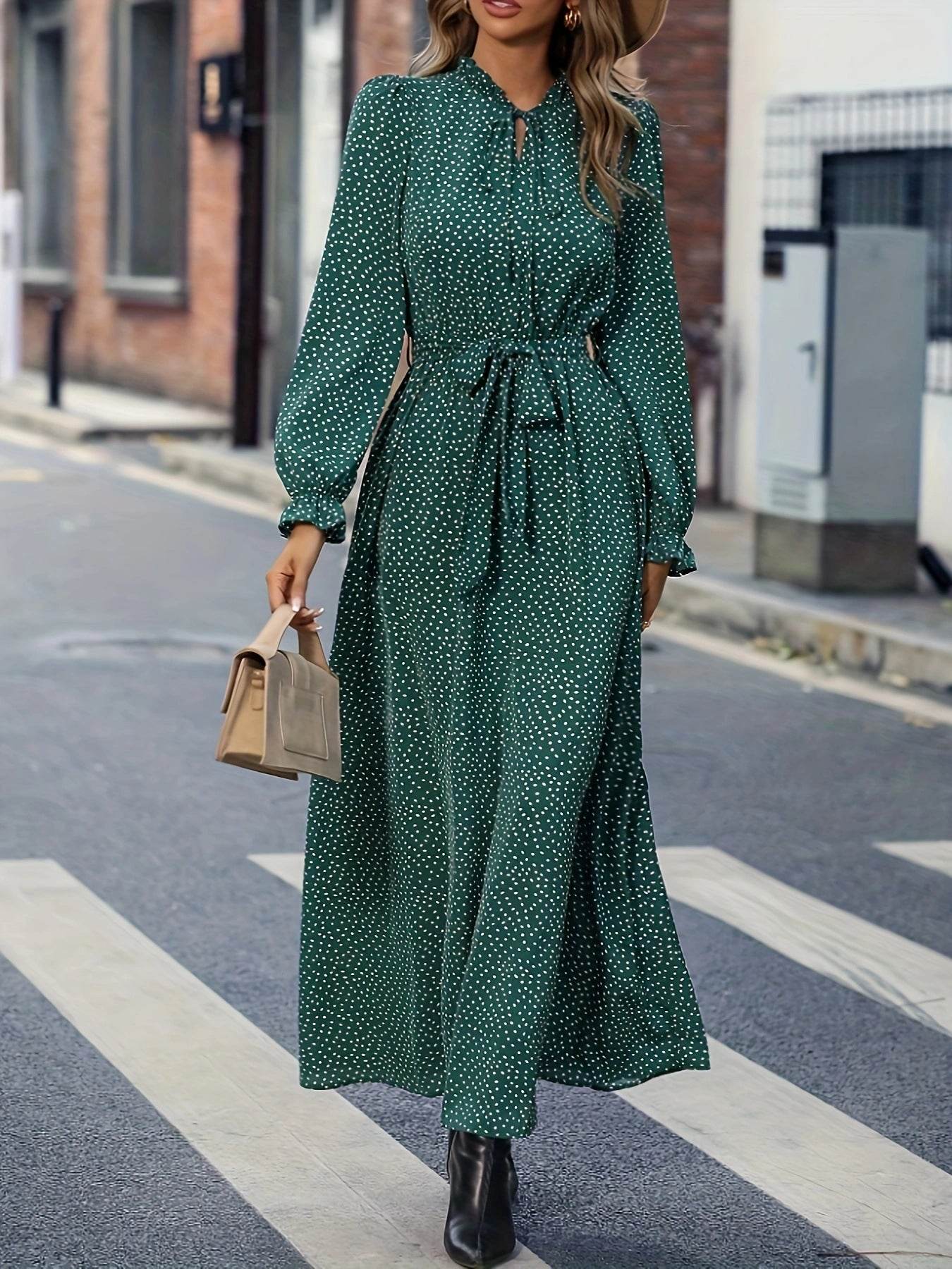 Women's Long Sleeve Dotted Prints Dress - Velora