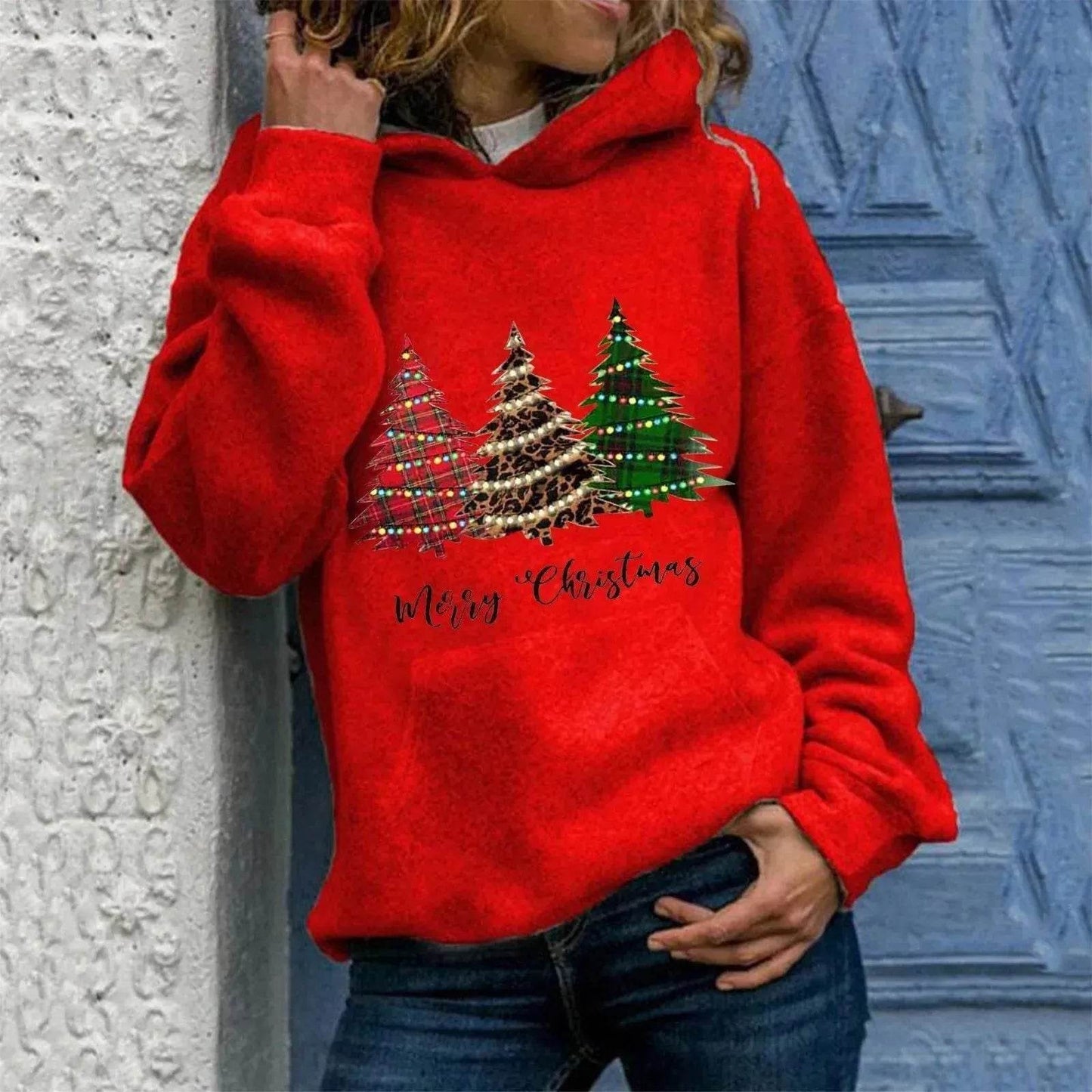 Merry Christmas tree Cashmere hoodie sweater loose top - Velora