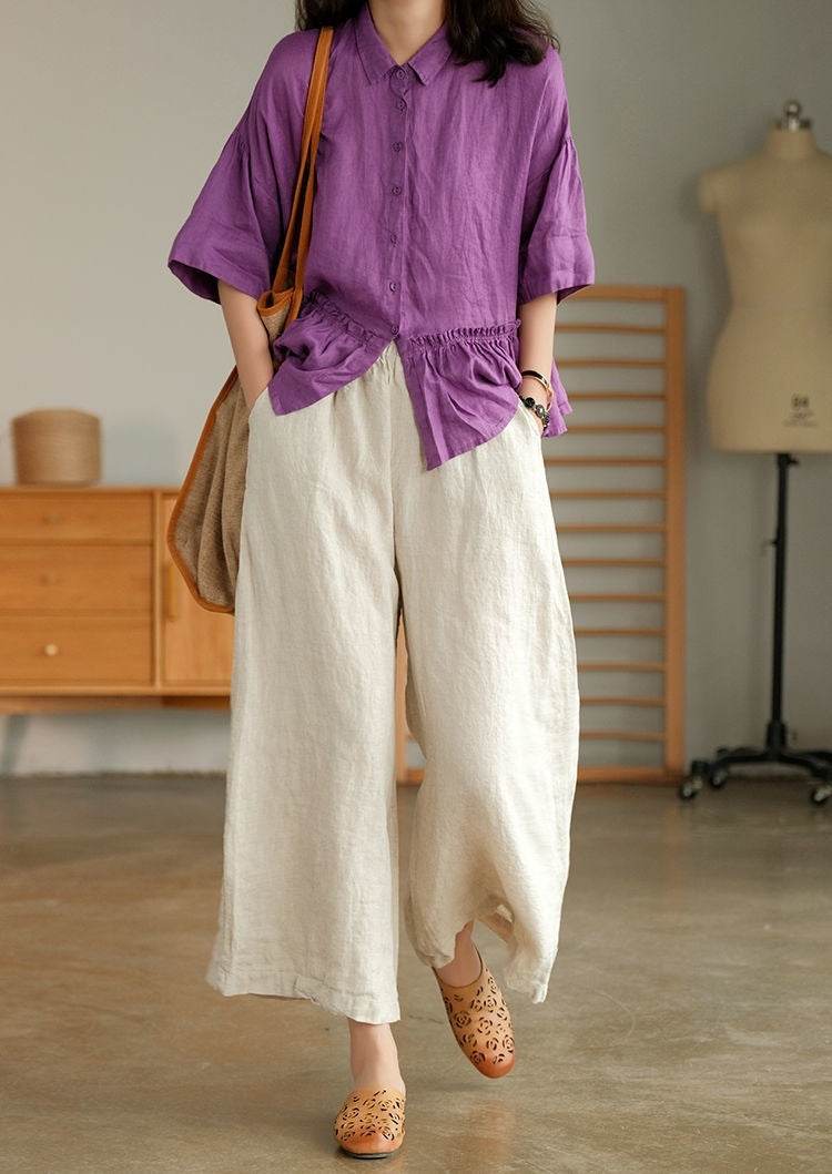 Cotton And Linen Cropped Wide-leg Casual Straight Breathable Slim Fit Casual Pants - Velora