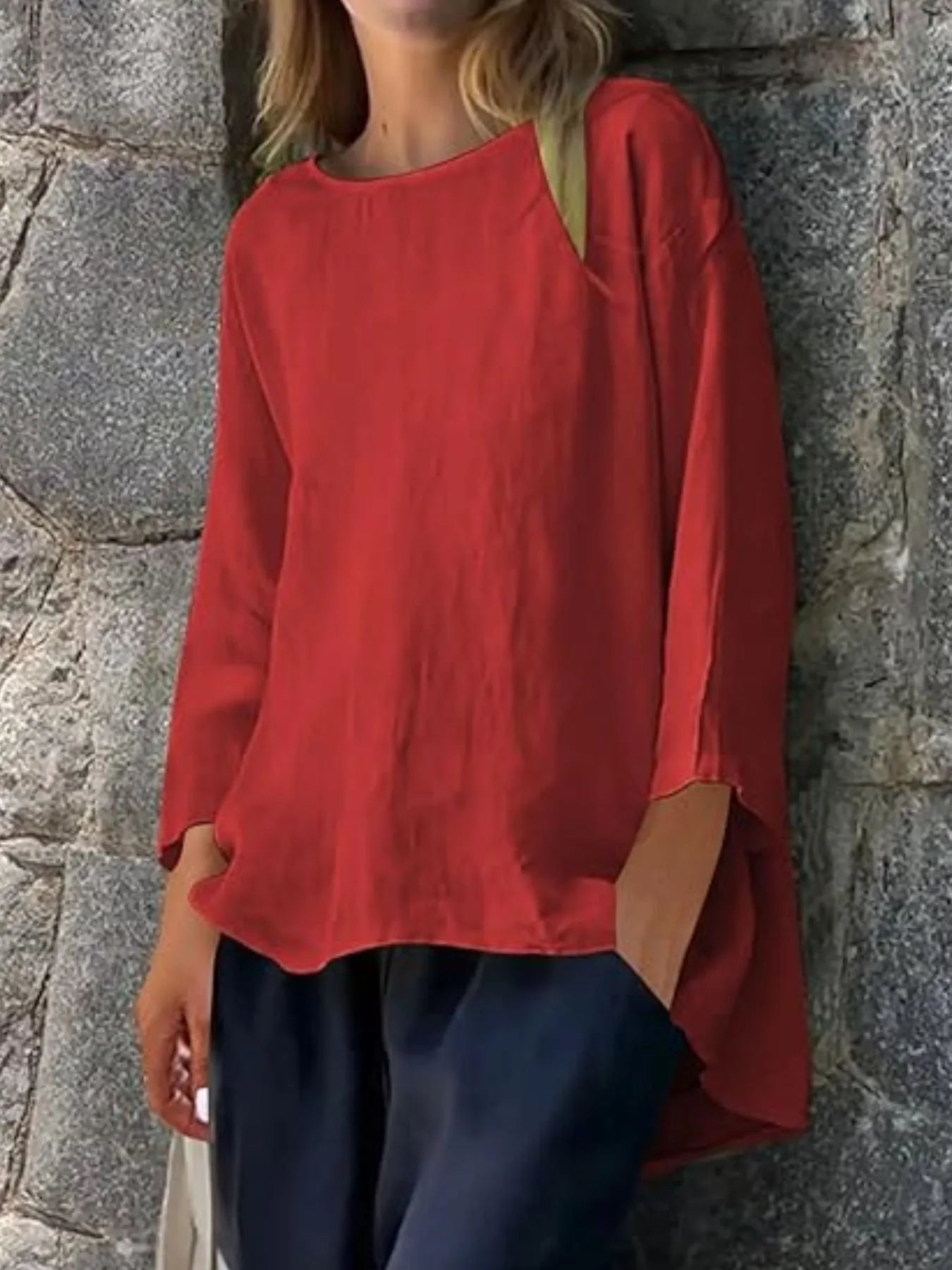 Full Size Round Neck Relaxed Fit Blouse Plus Size - Velora