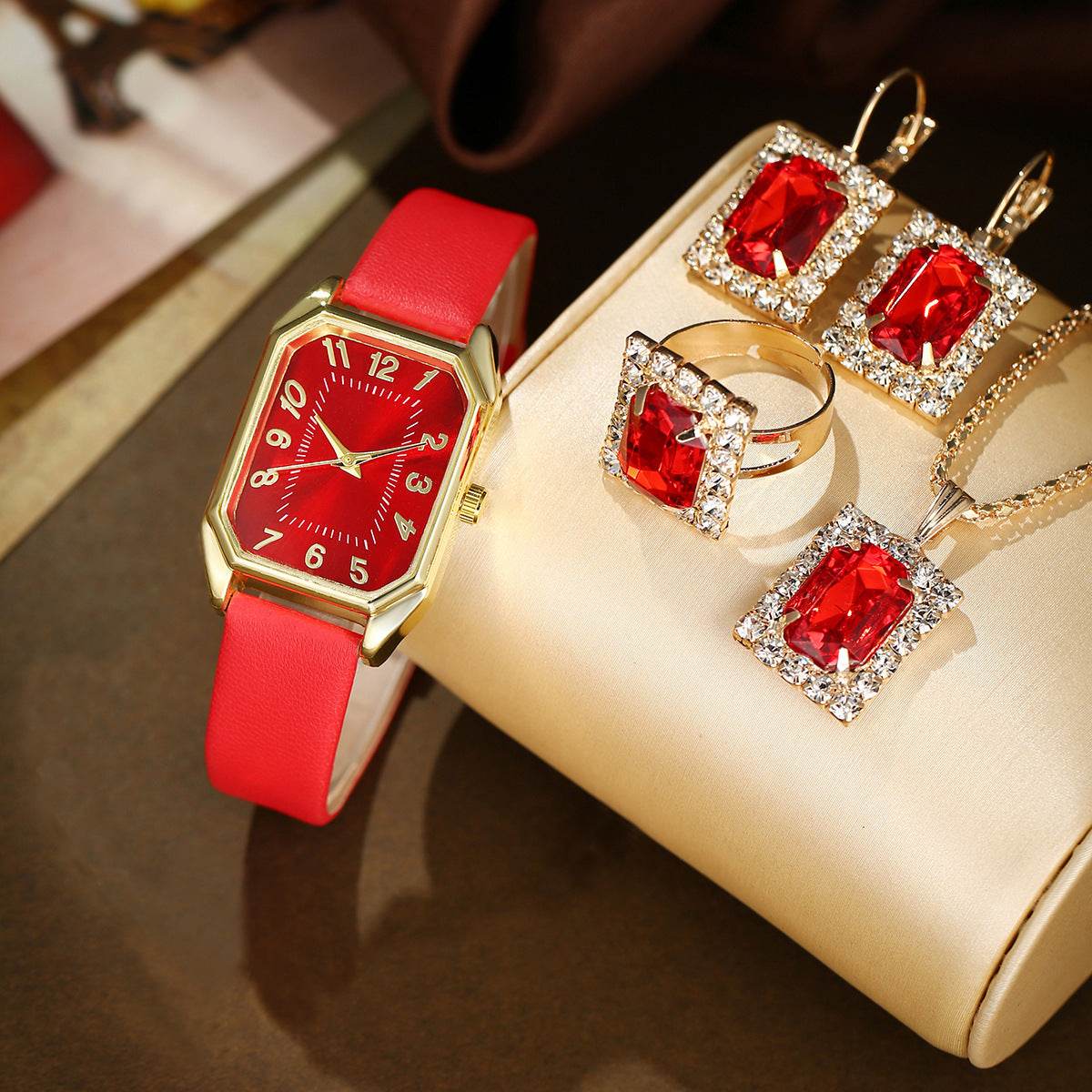 Leather Women's Watch Square Quartz Watch Korean Necklace Earrings Ring Set - Velora