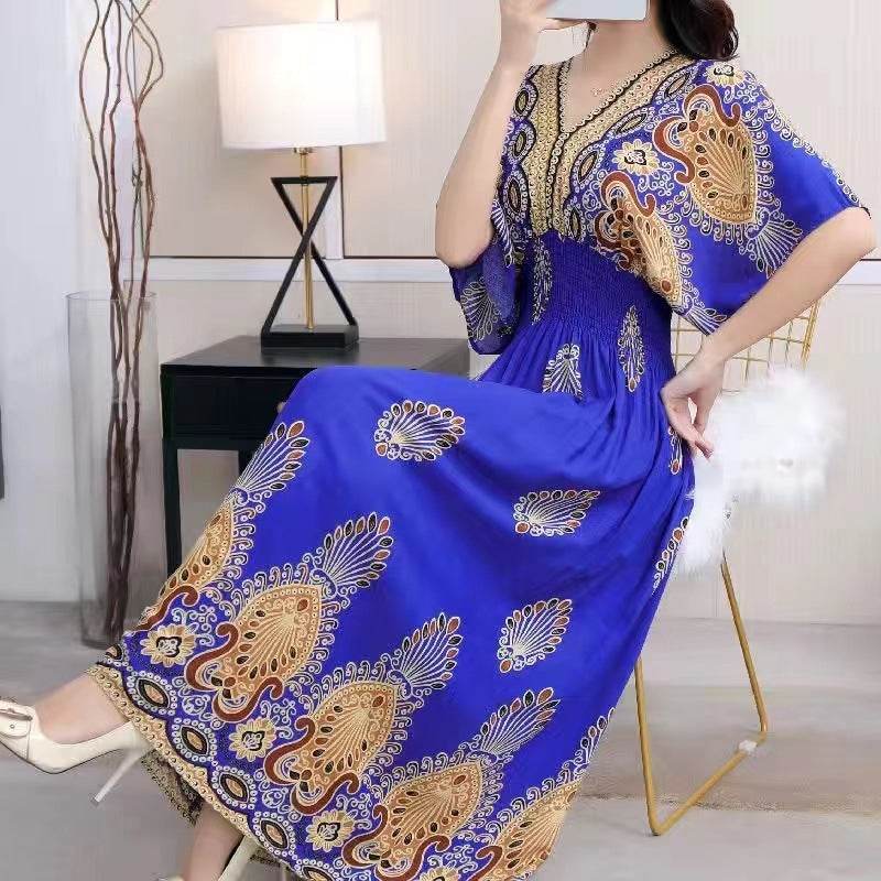 Cotton Silk Floral Dress Women's Summer Ethnic Style V-neck Short Sleeve Pastoral Style Skirt - Velora