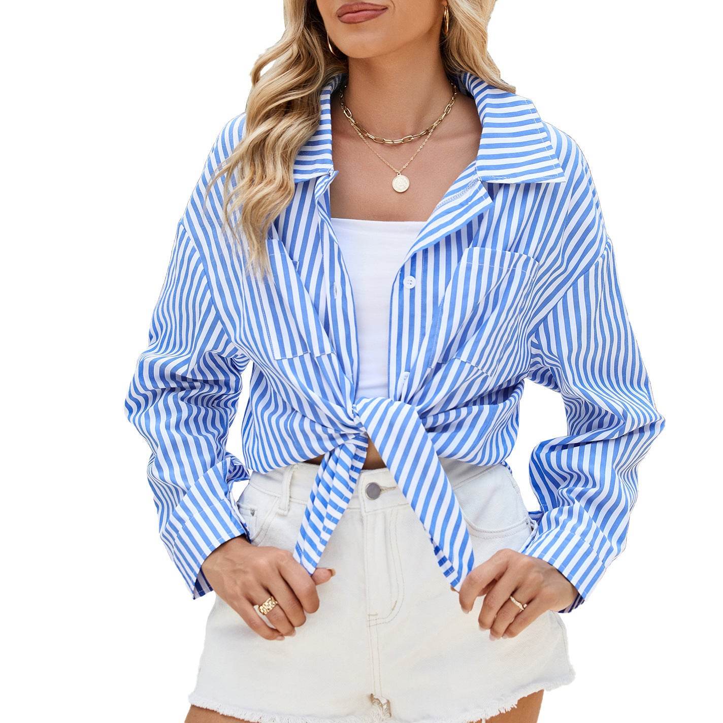 Fashion Striped Long Sleeve Shirt With Pockets Casual Loose Single-breasted Button Top Women Clothing - Velora