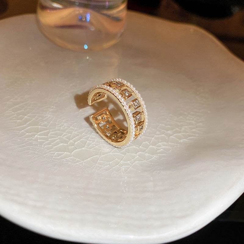 Pearl Hollowed-out Square Open-end Zircon Ring European And American Fashion Ring Female Jewelry - Velora