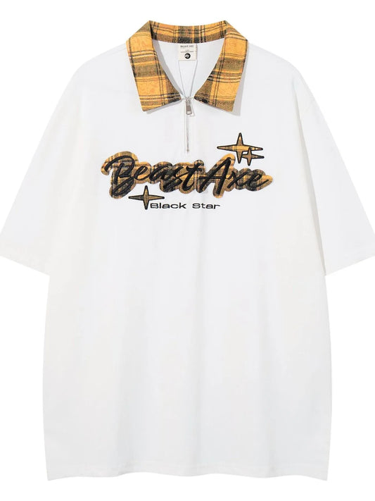 Men's Letter Plaid Collar Short Sleeve Polo - Velora