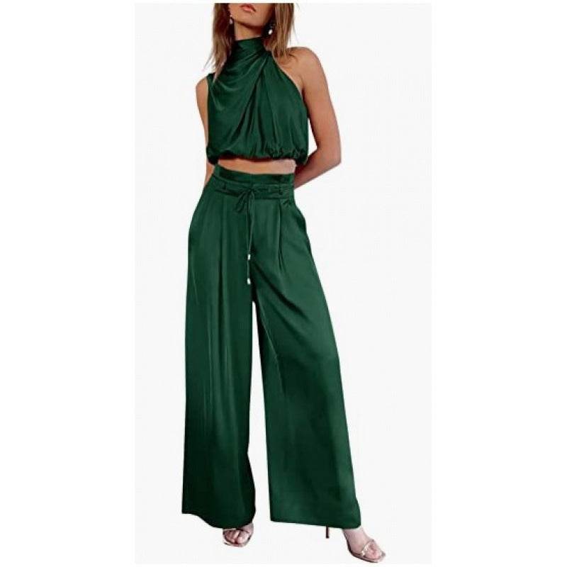 Summer Suits Casual Sleeveless Midriff-baring Top And Wide Leg Pants 2pcs Set Womens Clothing - Velora