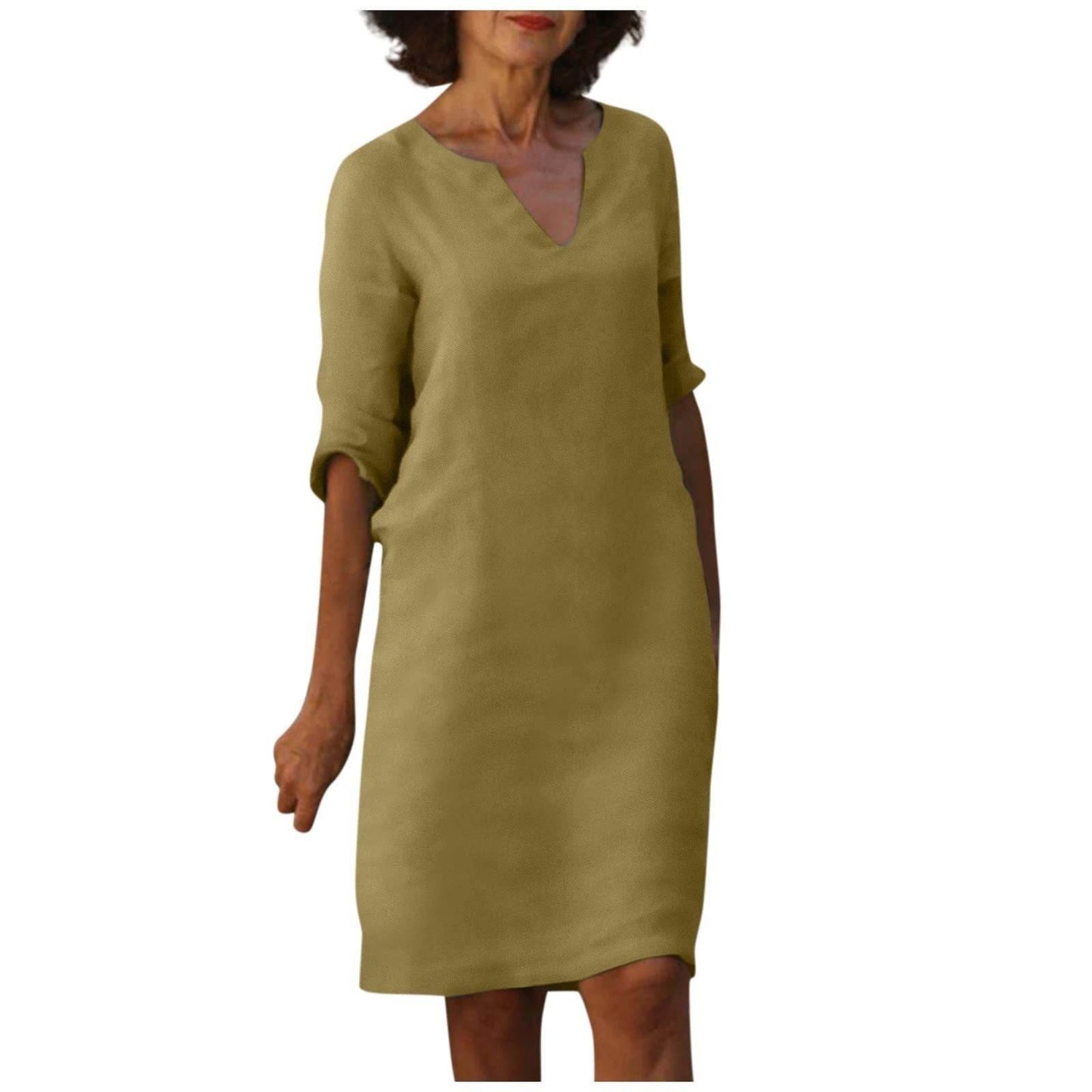 Cotton And Linen V-neck Dress Summer Stitching Retro High Waist Pure Color Dresses - Velora