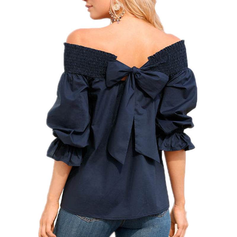 Spring Summer Women Off Shoulder Strapless Blouse top Bowknot Slash Neck Casual Loose Plus Size top - Velora