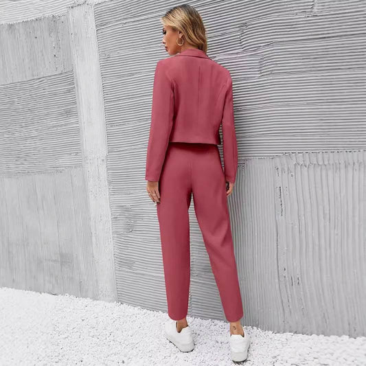 Solid Color Lapel Long Sleeve Dungarees Fashion Two-piece Suit - Velora