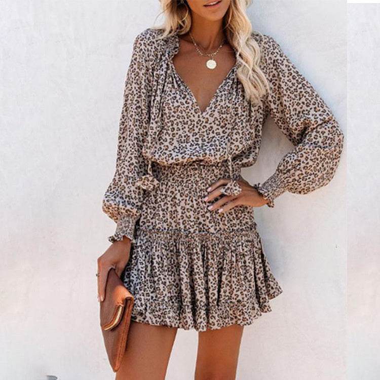 Flowers Print Long Sleeve Dress Fashion Patchwork Puff Sleeve Waist Dresses Womens Clothing - Velora