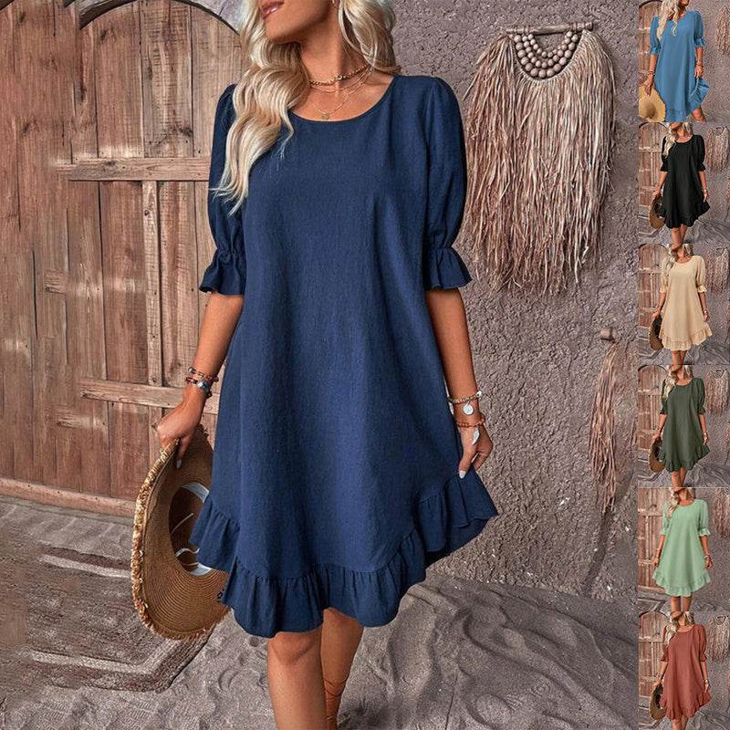 Fashion Ruffle Short-sleeved Dress Summer Solid Color Round Neck Loose Straight Dresses Womens Clothing - Velora