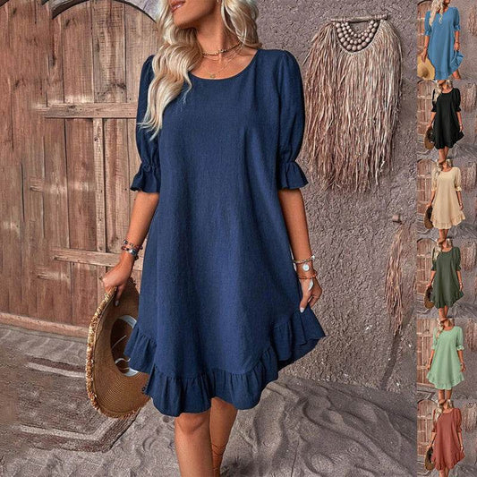 Fashion Ruffle Short-sleeved Dress Summer Solid Color Round Neck Loose Straight Dresses Womens Clothing - Velora