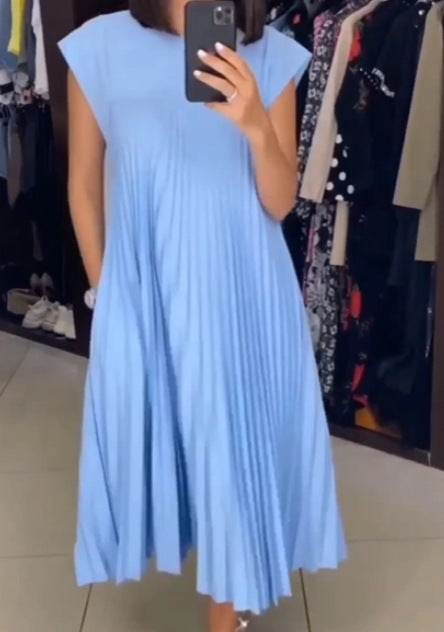 Short Sleeve Pleated Long Dress Summer Round Neck Dress Women's Clothing - Velora