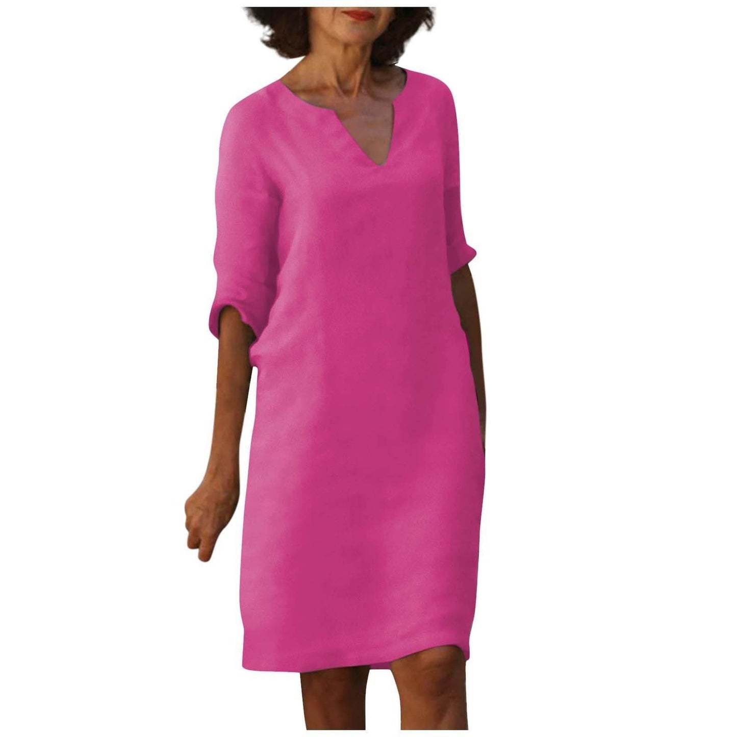 Cotton And Linen V-neck Dress Summer Stitching Retro High Waist Pure Color Dresses - Velora