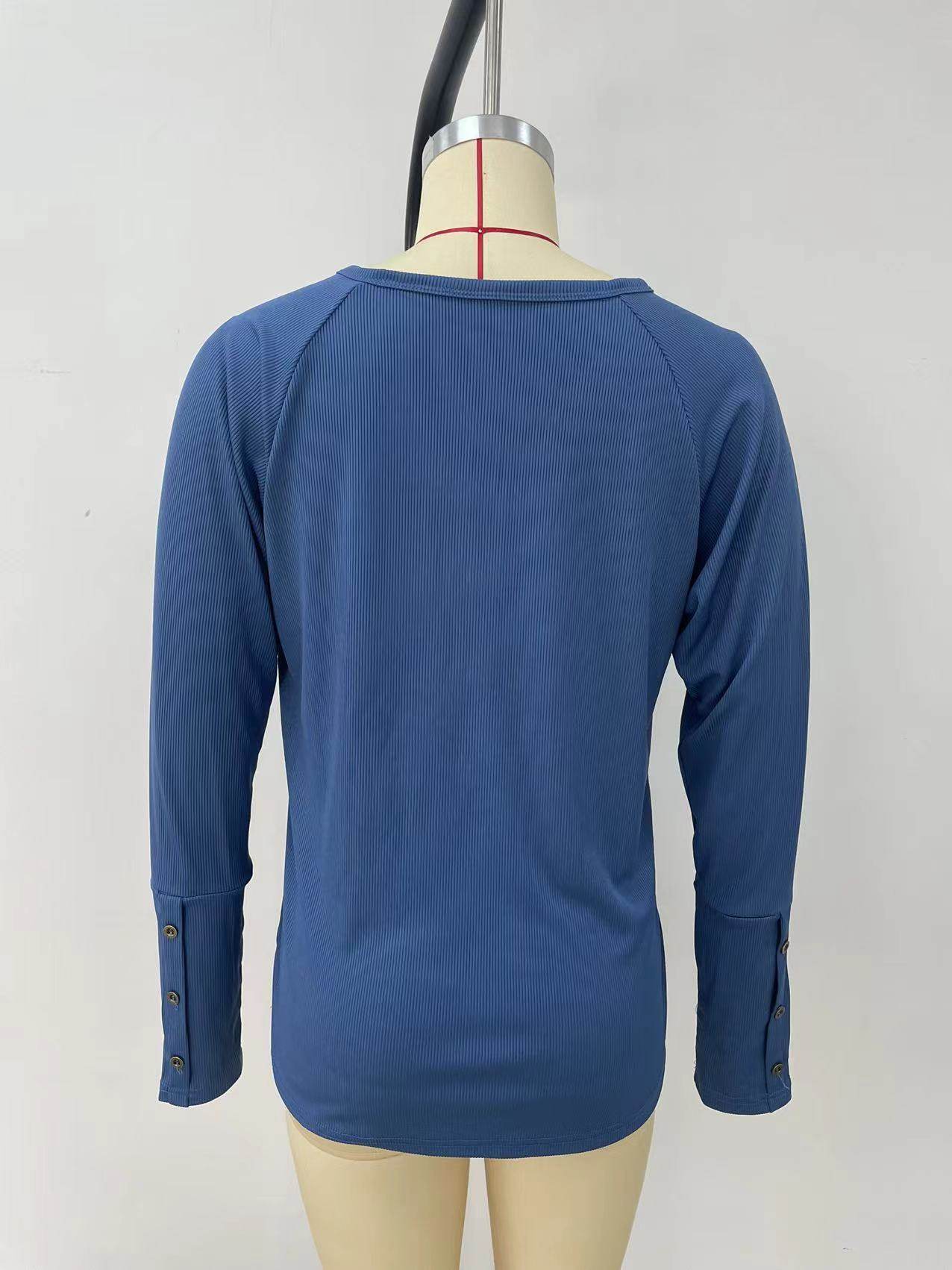 Button V-neck Versatile Long-sleeved T-shirt - Velora