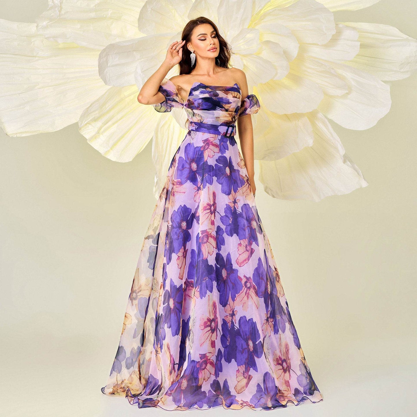 Chest-wrapped Off-neck Slim-fit Waist Trimming Printing Banquet Large Swing Evening Dress - Velora