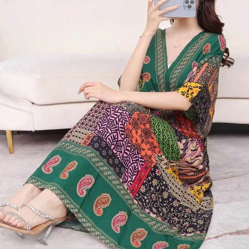 Cotton Silk Floral Dress Women's Summer Ethnic Style V-neck Short Sleeve Pastoral Style Skirt - Velora