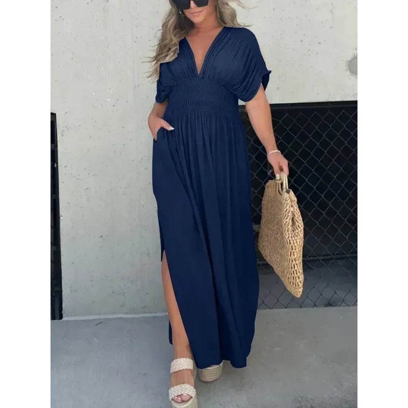 Fashion Bat-sleeved V-neck Slit Dress Summer Short Sleeve Elastic Waist Long Dresses Womens Clothing - Velora