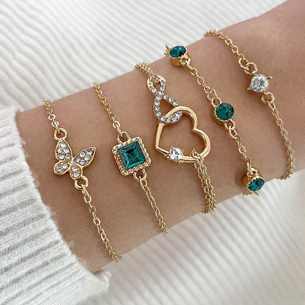 Bohemian 5pc Green Crystal Bracelets Jewelry Set For Women Heart Bracelet Wedding Engagement Bracelet Fashion Jewelry - Velora