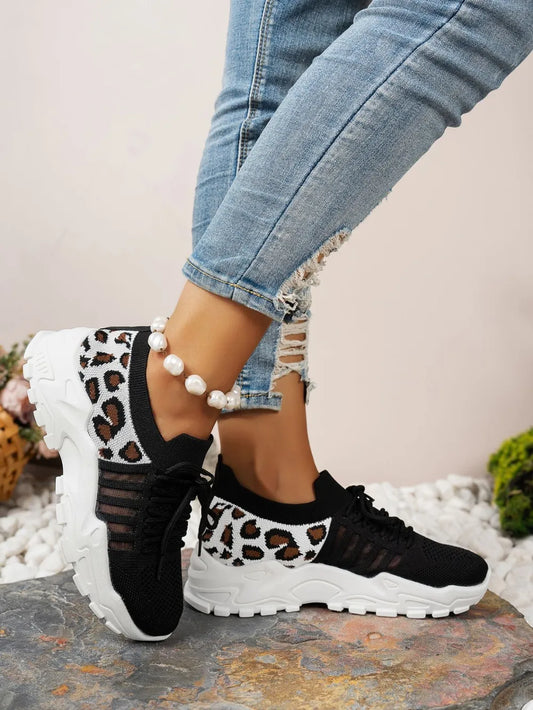 Cutout Leopard Lace Up Mesh Athletic - Velora