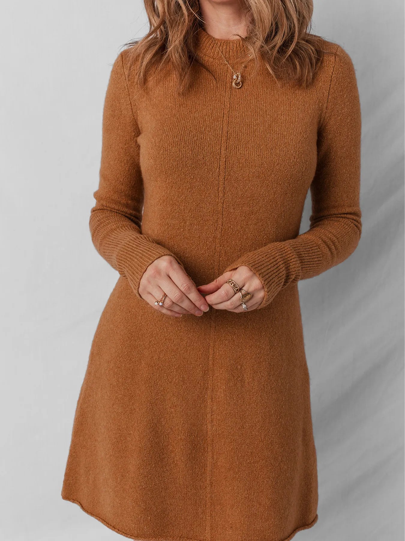 Ribbed Detail Solid Color Mini Sweater Dress - Velora