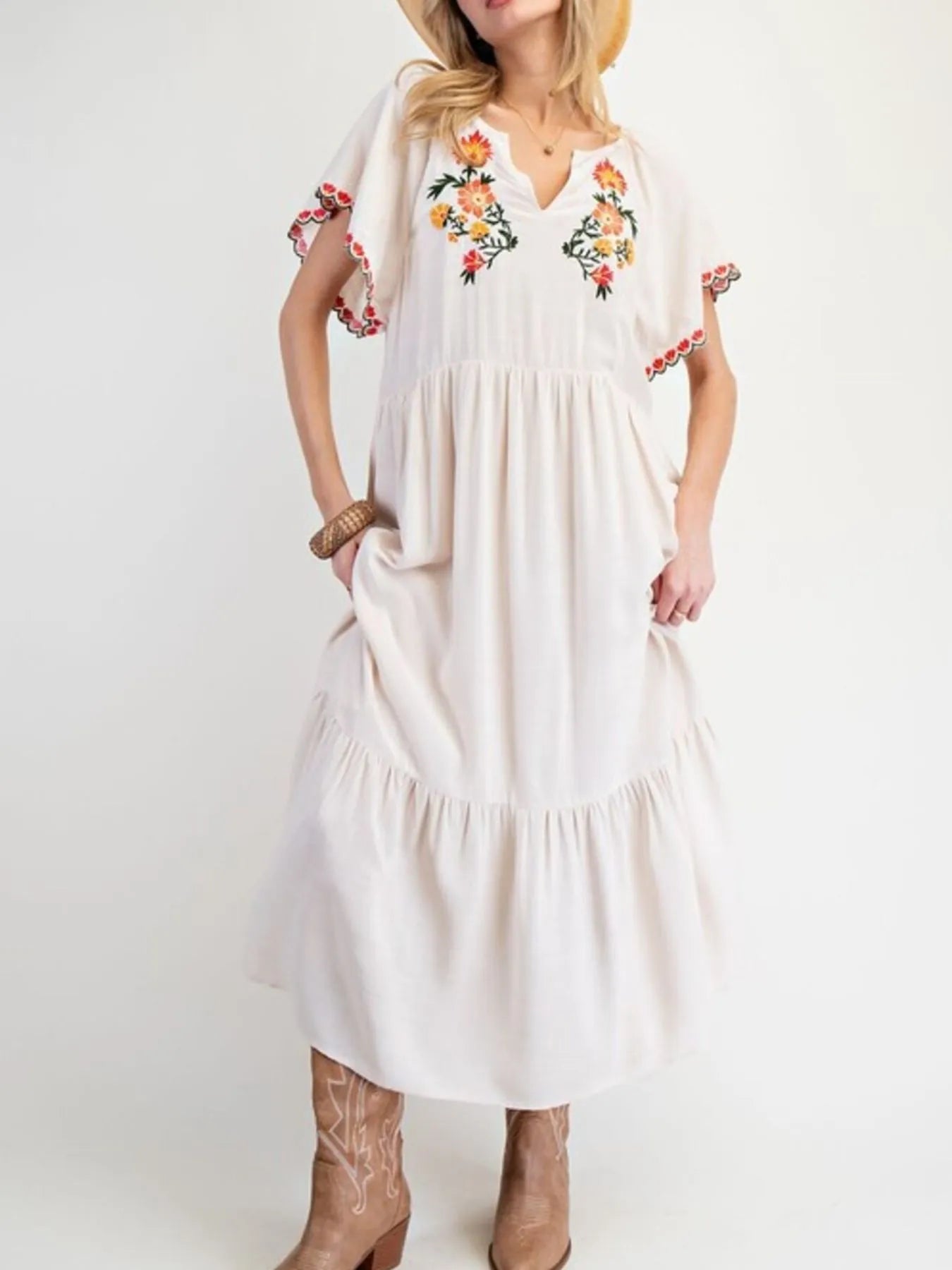 Floral Notched Flutter Sleeve Dress - Velora