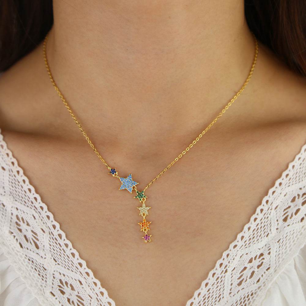 Colorful Zircon Inlaid Five-pointed Star Pendant Necklace - Velora