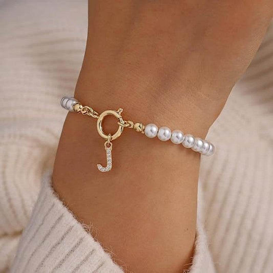 2024 New Fashion Toggle Clasp Initial Bracelet Women A-Z Letter Pendant 6mm Pearl Bracelet For Women Jewelry Gift - Velora