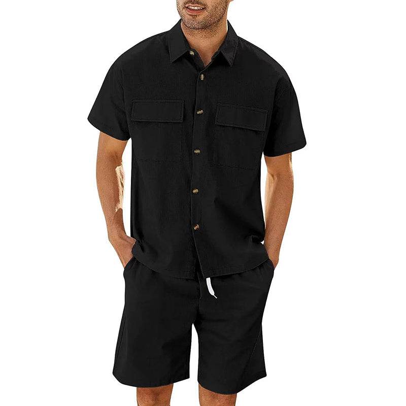 Summer Suits Men Short Sleeve Lapel Pockets Shirt And Drawstring Shorts Sports Fashion Leisure Men's Clothing - Velora