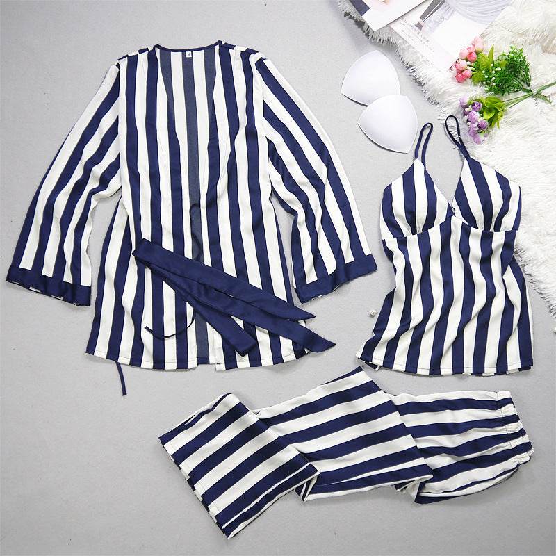 Ladies' Pajamas Summer Leisure Sexy Ice Silk Stripes, Suspenders, Trousers, Nightgowns, Three Sets Of New Silk Pajamas. - Velora