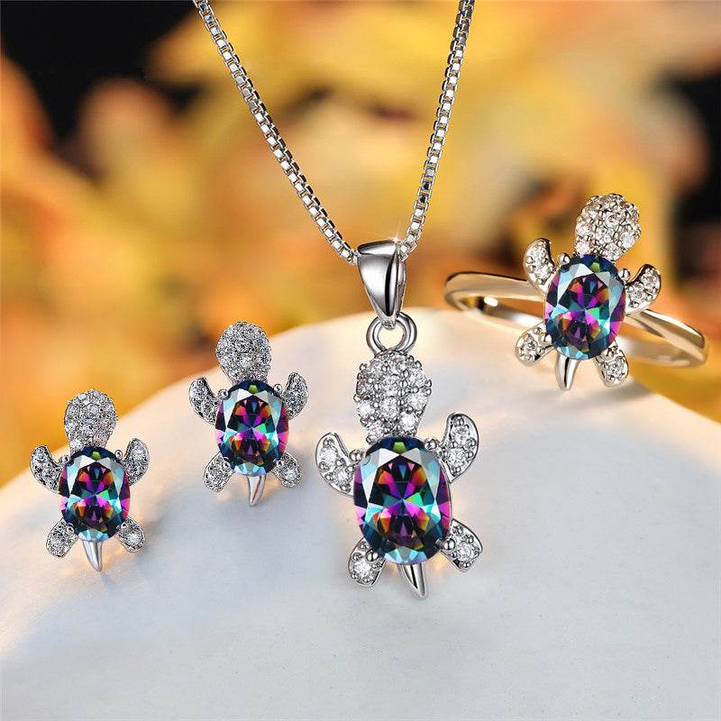 Fashion Oval Zircon Pendant Turtle Shape Necklaces With Rainbow Stone Multicolor Animal Necklace Jewelry For Woman And Children - Velora