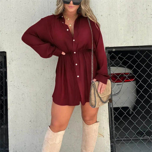 Women's Long Sleeve Jumpsuit With Button Fashion Shirt Dress - Velora