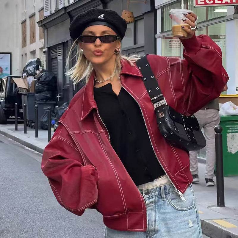 Loose Fashion Lapel Zip-up Jacket Cool Long Sleeve Zipper Closure Moto Biker Leather Jacket Womens Clothing - Velora
