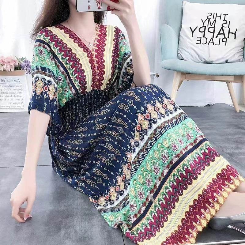 Cotton Silk Floral Dress Women's Summer Ethnic Style V-neck Short Sleeve Pastoral Style Skirt - Velora