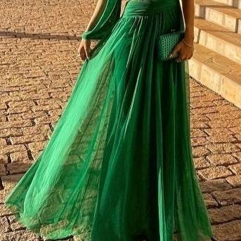 Spring And Summer Solid Color One Shoulder Midriff Outfit Elegant Slim Long Dress - Velora