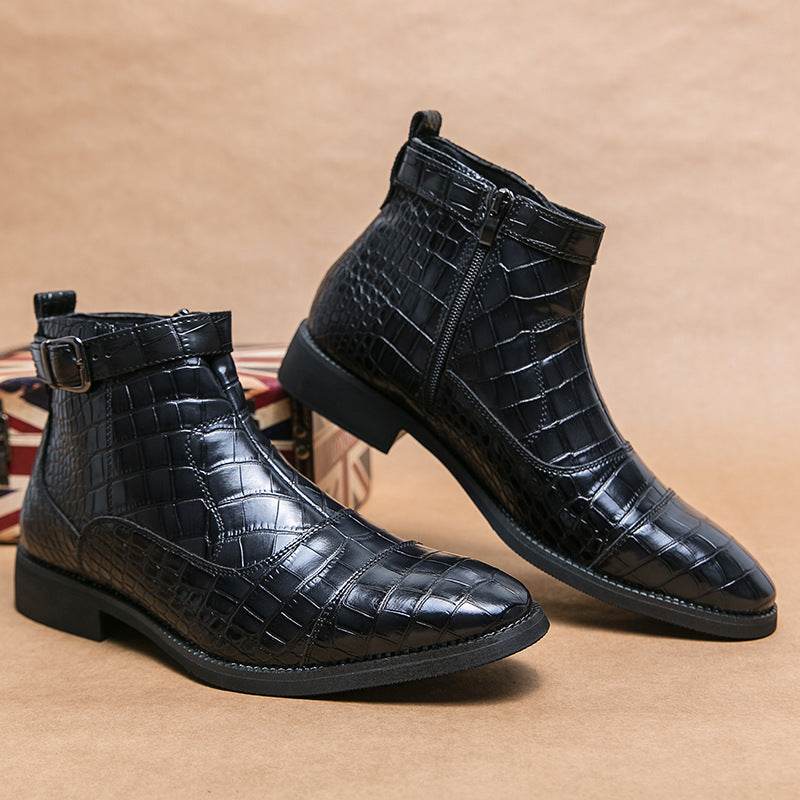 Men's Crocodile Pattern Boots Fashion Pointed Toe Low Square Heel Buckle Zipper Ankle Boots Business Formal Leather Shoes - Velora
