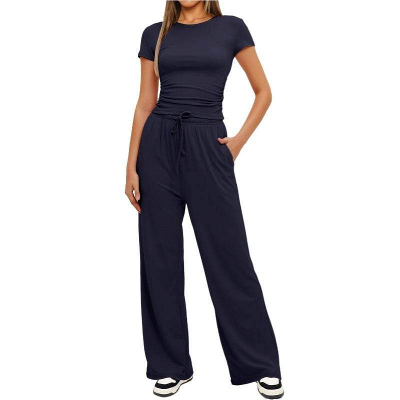 Fashion Casual Set Pleated Short Sleeves Top And Trousers - Velora