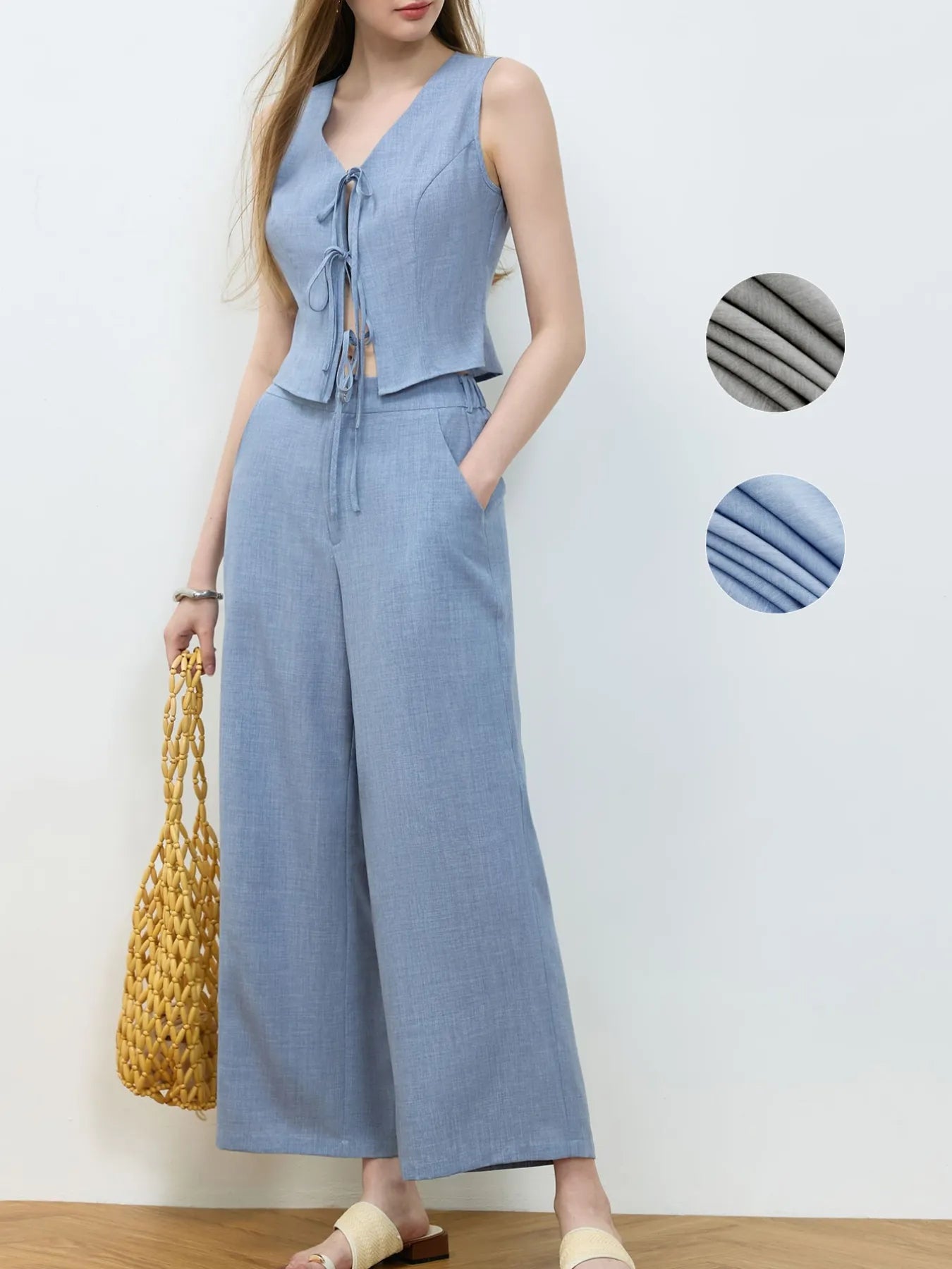 Tie Front Vest and Wide Leg Pants Set - Velora
