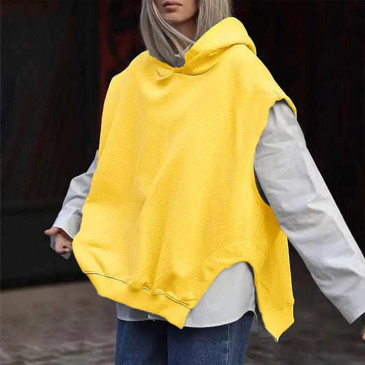 Women's Solid Color Style Loose Sleeveless Hooded Jacket Sweater - Velora