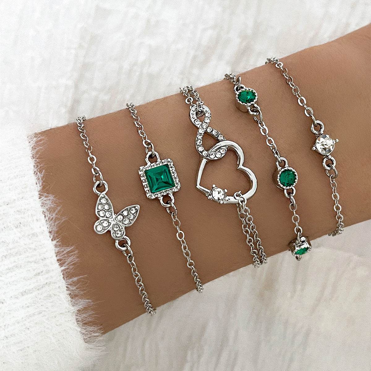 Bohemian 5pc Green Crystal Bracelets Jewelry Set For Women Heart Bracelet Wedding Engagement Bracelet Fashion Jewelry - Velora