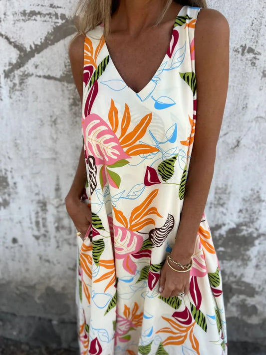 Full Size Printed V-Neck Sleeveless Dress Plus Size - Velora