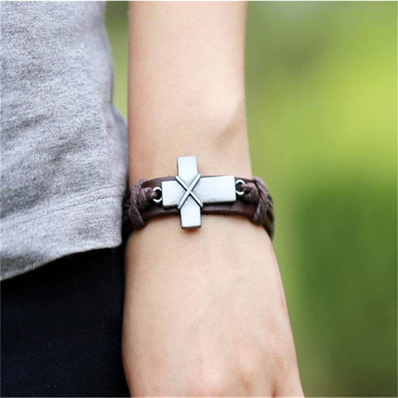 Brown Leather Cross Bracelets - Velora