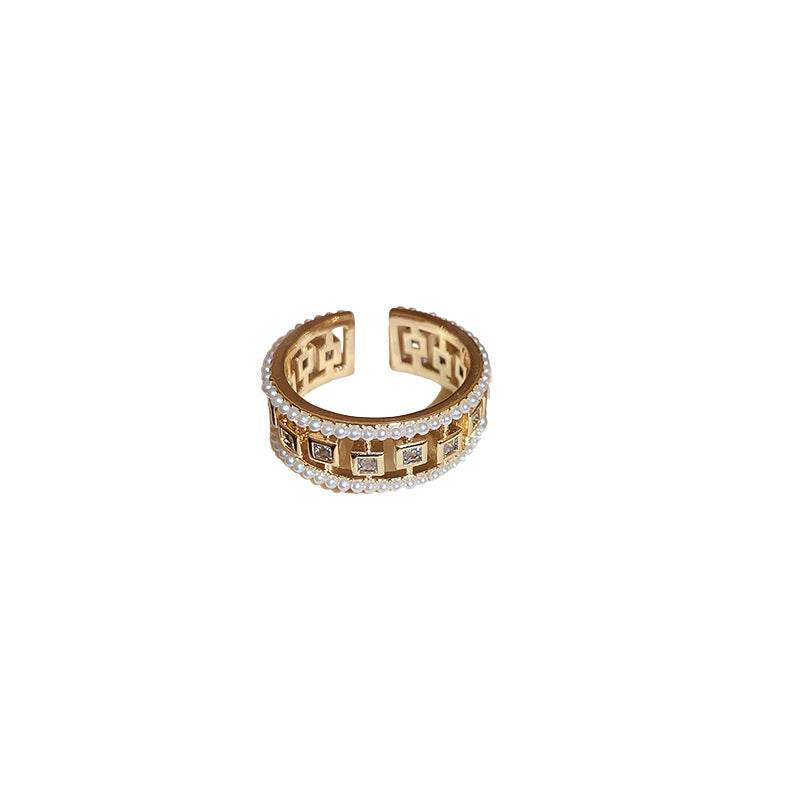 Pearl Hollowed-out Square Open-end Zircon Ring European And American Fashion Ring Female Jewelry - Velora