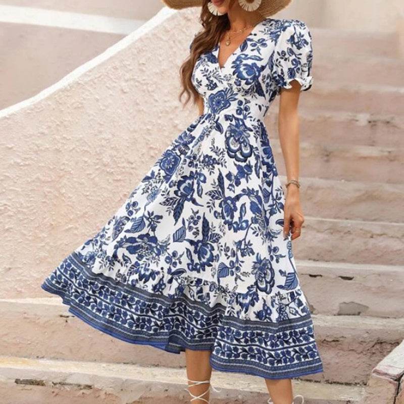 Puff Sleeve dress V Neck Blue Floral Bohemian Midi Dress - Velora