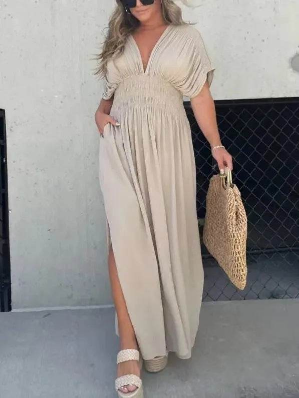 Fashion Bat-sleeved V-neck Slit Dress Summer Short Sleeve Elastic Waist Long Dresses Womens Clothing - Velora