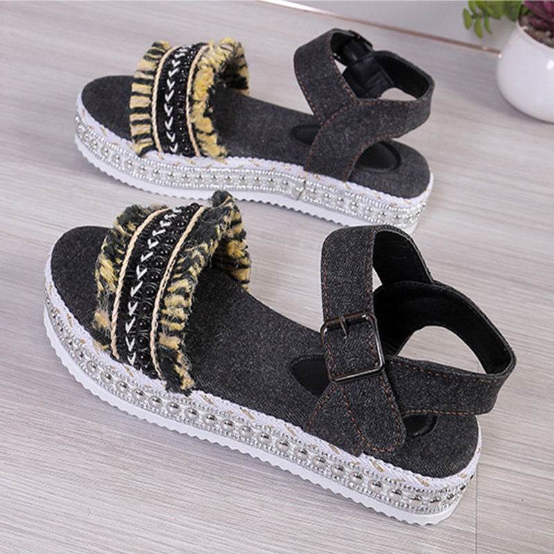 Fashion Tassel Denim Sandals With Thick-soled Flat Heel New Summer Hemp Rope Sole Ethnic Style Shoes For Women - Velora