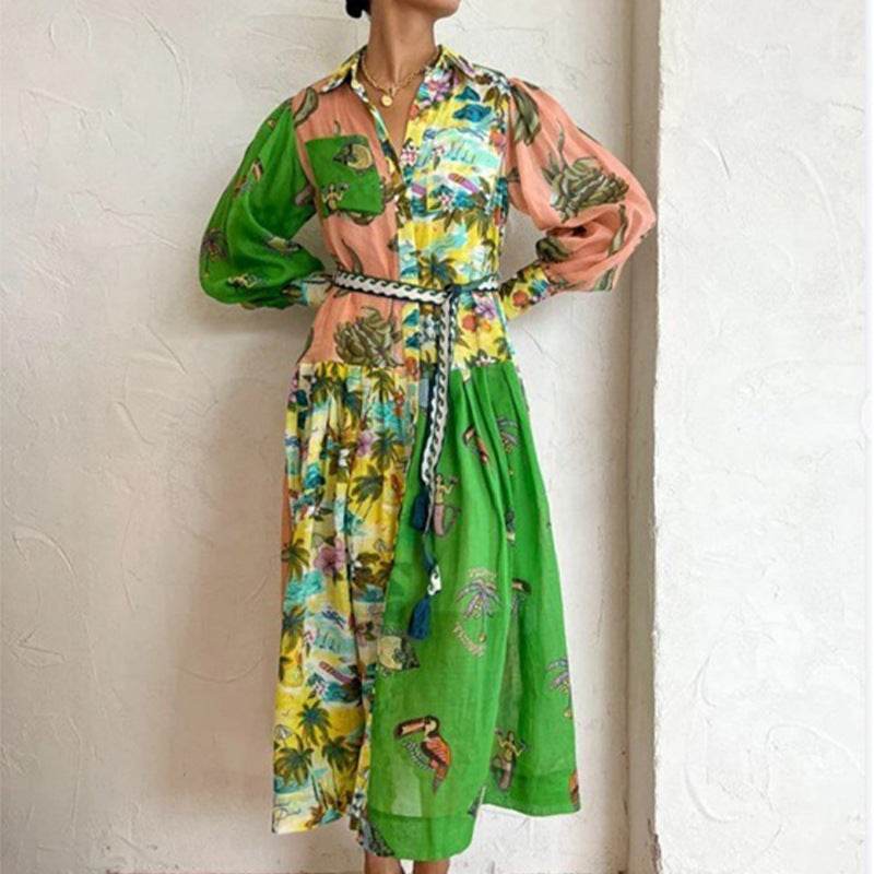 Print Holiday Women Beach Dress With Belts A-Line Long Lantern Sleeve Single Breasted Lapel Seaside Dresses Robe - Velora