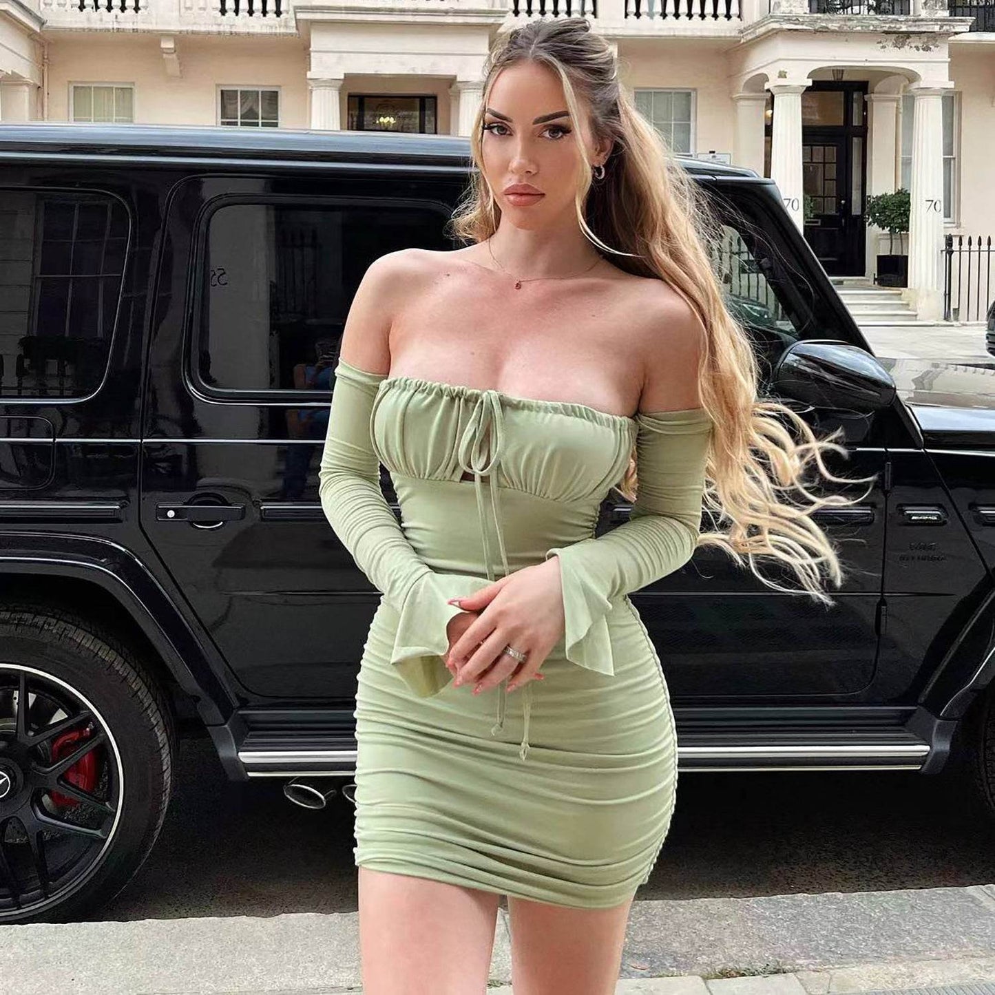 Fashion Slim Off-shoulder Long Sleeve Dress Sexy Tie Pleated Short Dresses Womens Clothing - Velora