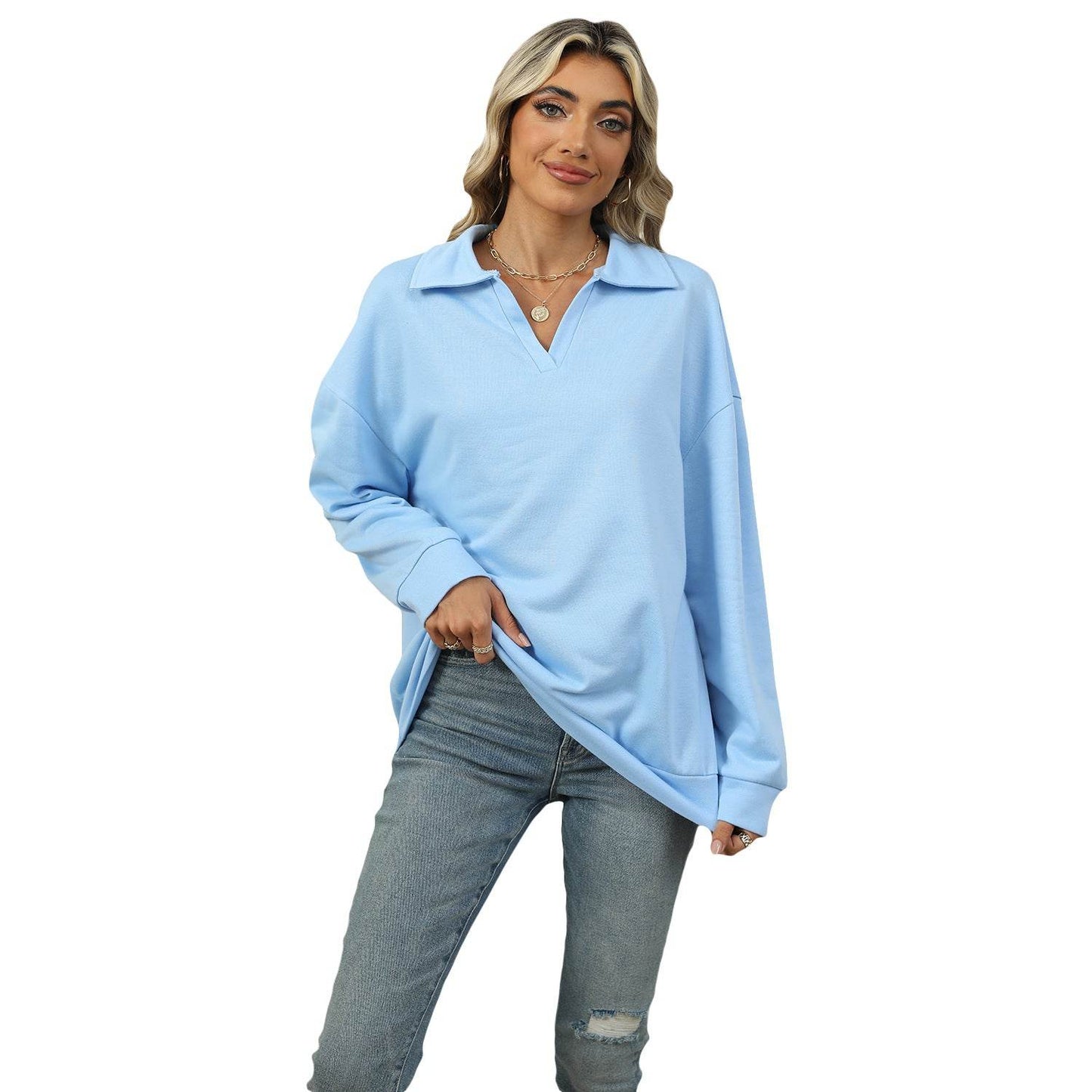 Solid Color Polo Collar Loose Long Sleeve Sweatershirt Coat - Velora