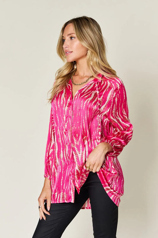 Double Take Full Size Printed Button Up Long Sleeve Shirt - Velora